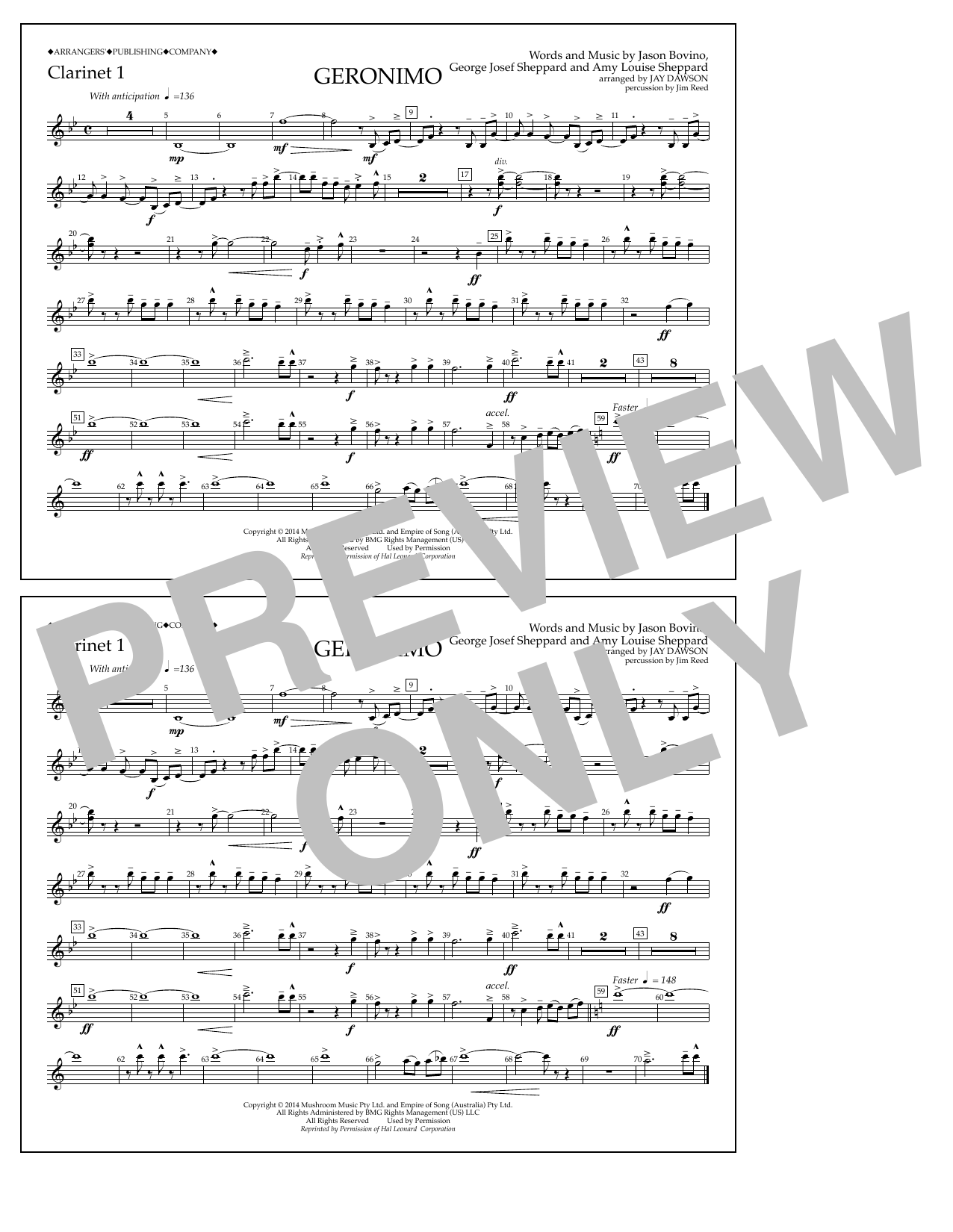 Jay Dawson Geronimo - Clarinet 1 Sheet Music Notes & Chords for Marching Band - Download or Print PDF