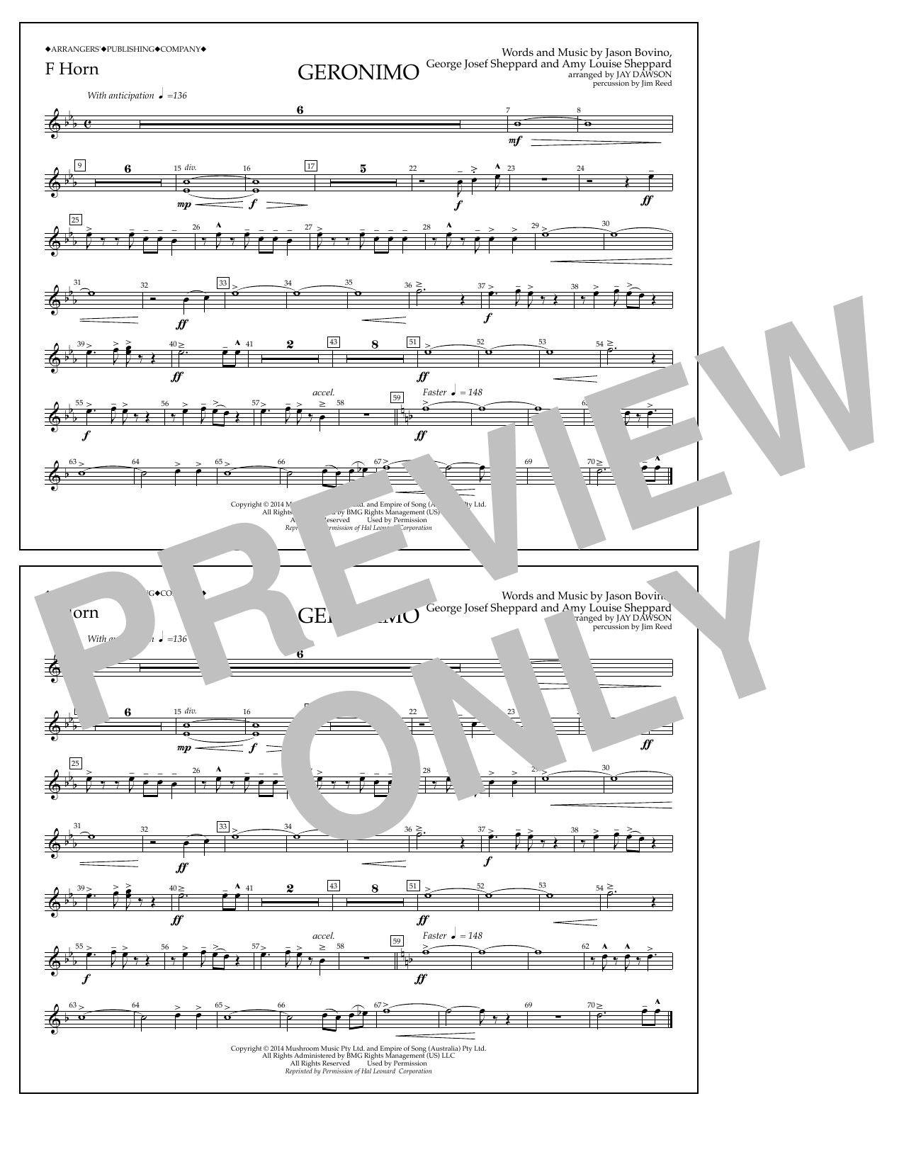 Jay Dawson Geronimo - F Horn Sheet Music Notes & Chords for Marching Band - Download or Print PDF