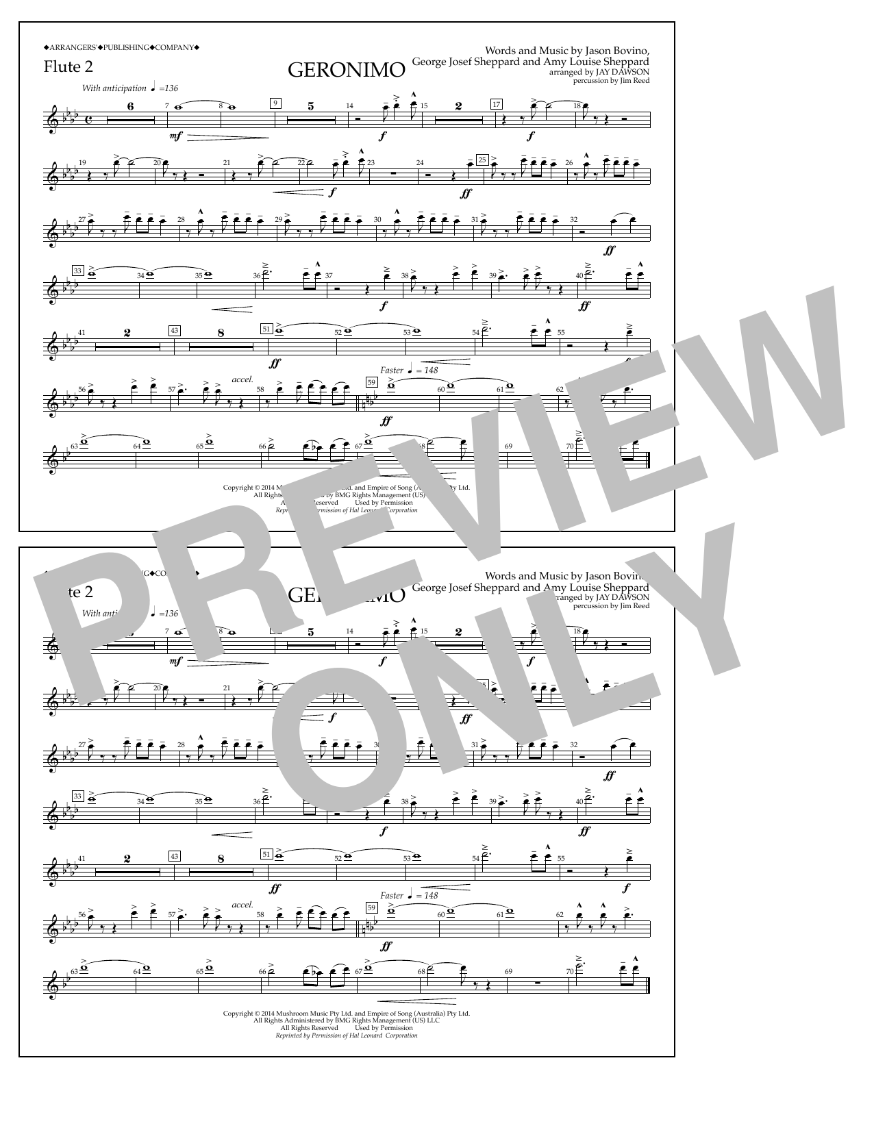 Jay Dawson Geronimo - Flute 2 Sheet Music Notes & Chords for Marching Band - Download or Print PDF