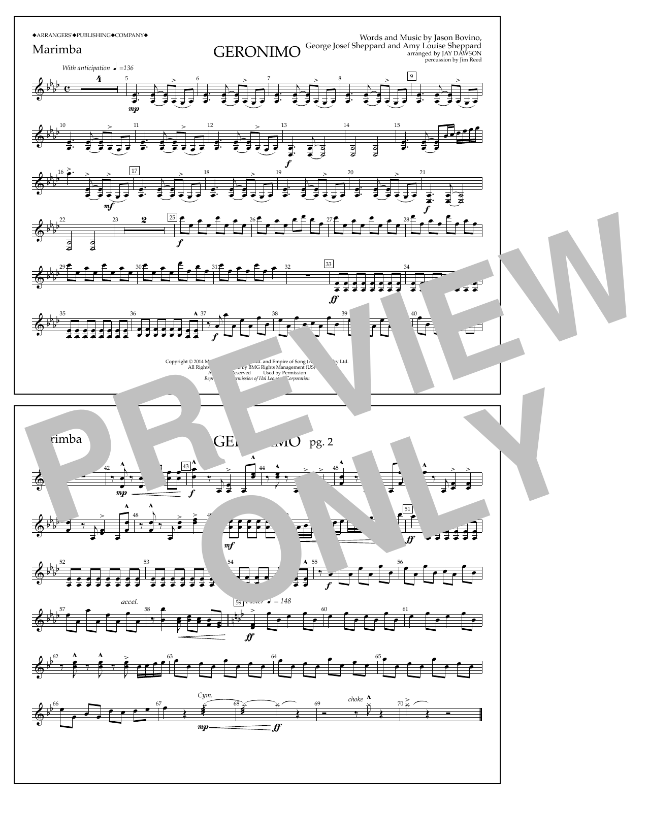 Jay Dawson Geronimo - Marimba Sheet Music Notes & Chords for Marching Band - Download or Print PDF