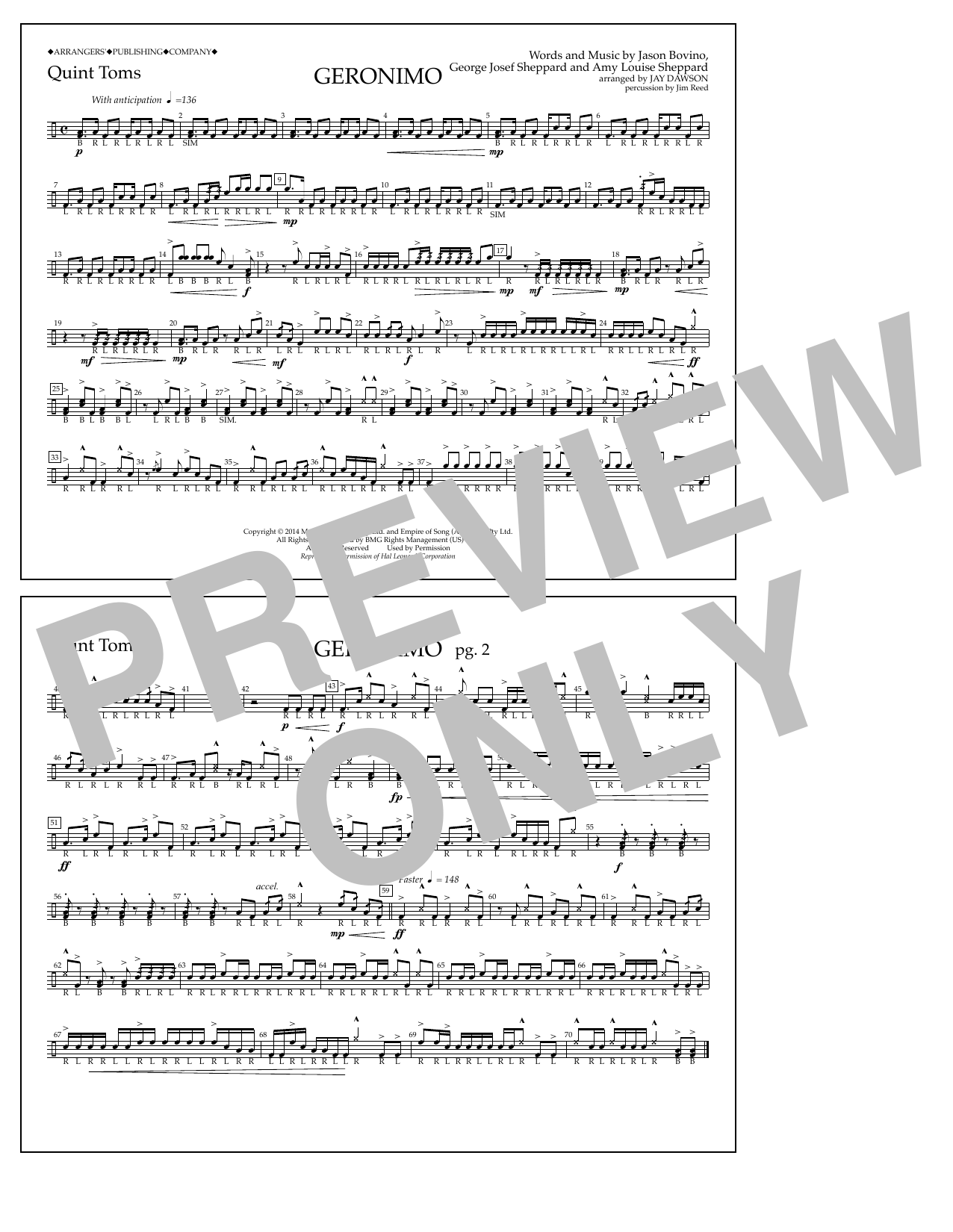Jay Dawson Geronimo - Quint-Toms Sheet Music Notes & Chords for Marching Band - Download or Print PDF
