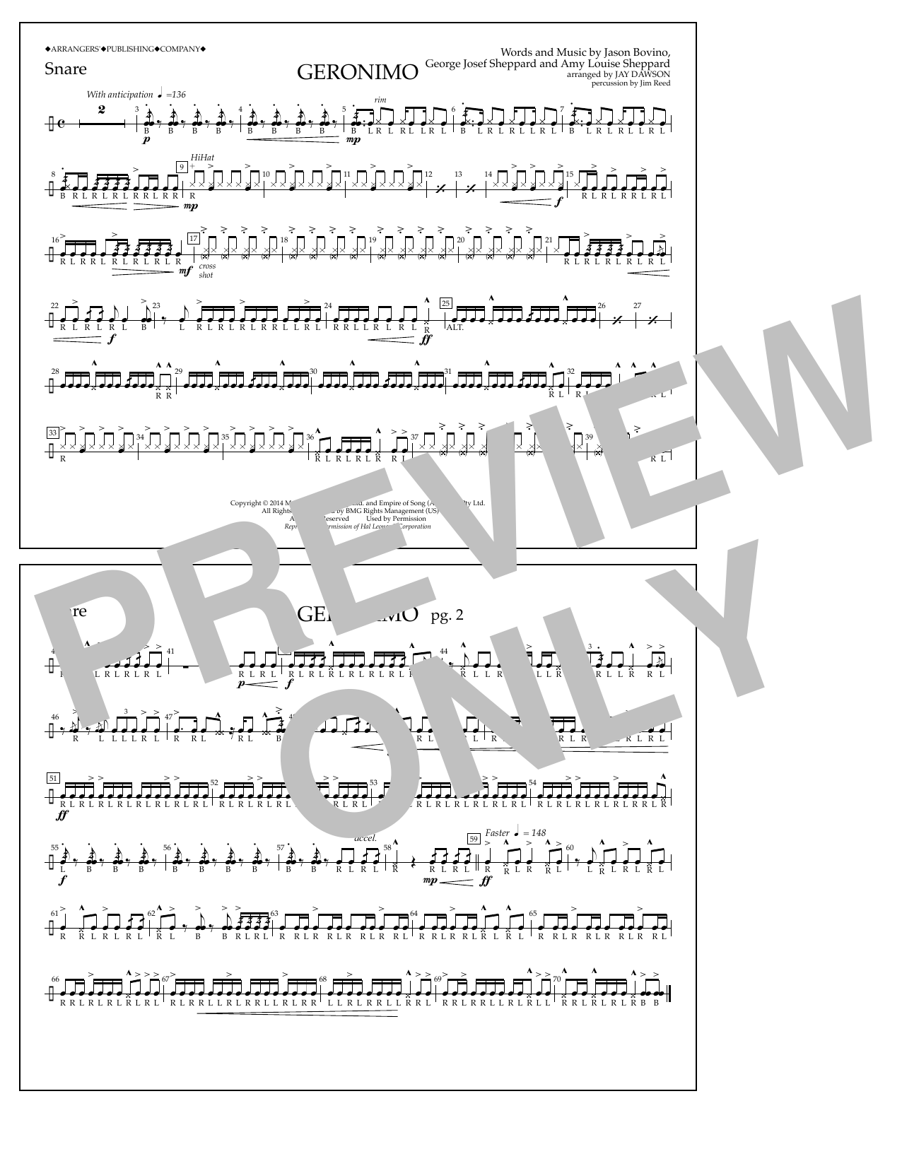 Jay Dawson Geronimo - Snare Sheet Music Notes & Chords for Marching Band - Download or Print PDF