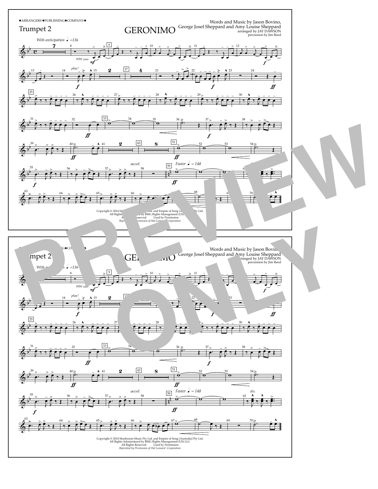 Jay Dawson Geronimo - Trumpet 2 Sheet Music Notes & Chords for Marching Band - Download or Print PDF