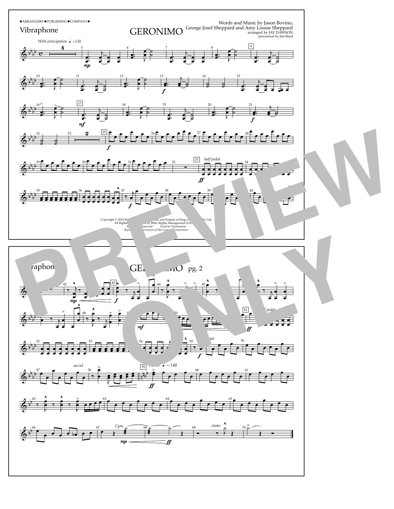 Jay Dawson Geronimo - Vibraphone Sheet Music Notes & Chords for Marching Band - Download or Print PDF