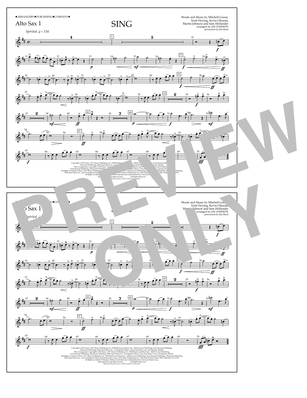 Jay Dawson Sing - Alto Sax 1 Sheet Music Notes & Chords for Marching Band - Download or Print PDF