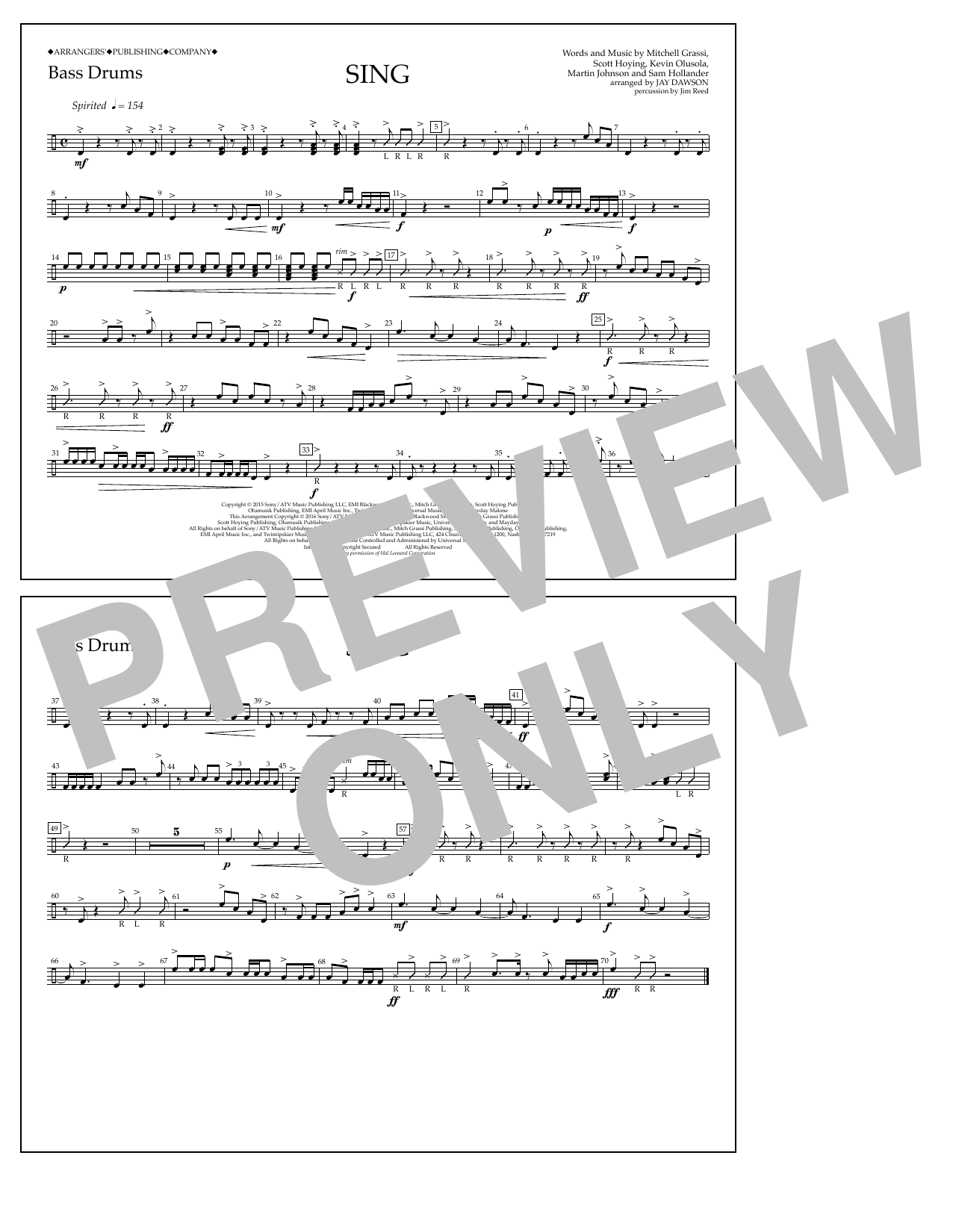 Jay Dawson Sing - Bass Drums Sheet Music Notes & Chords for Marching Band - Download or Print PDF