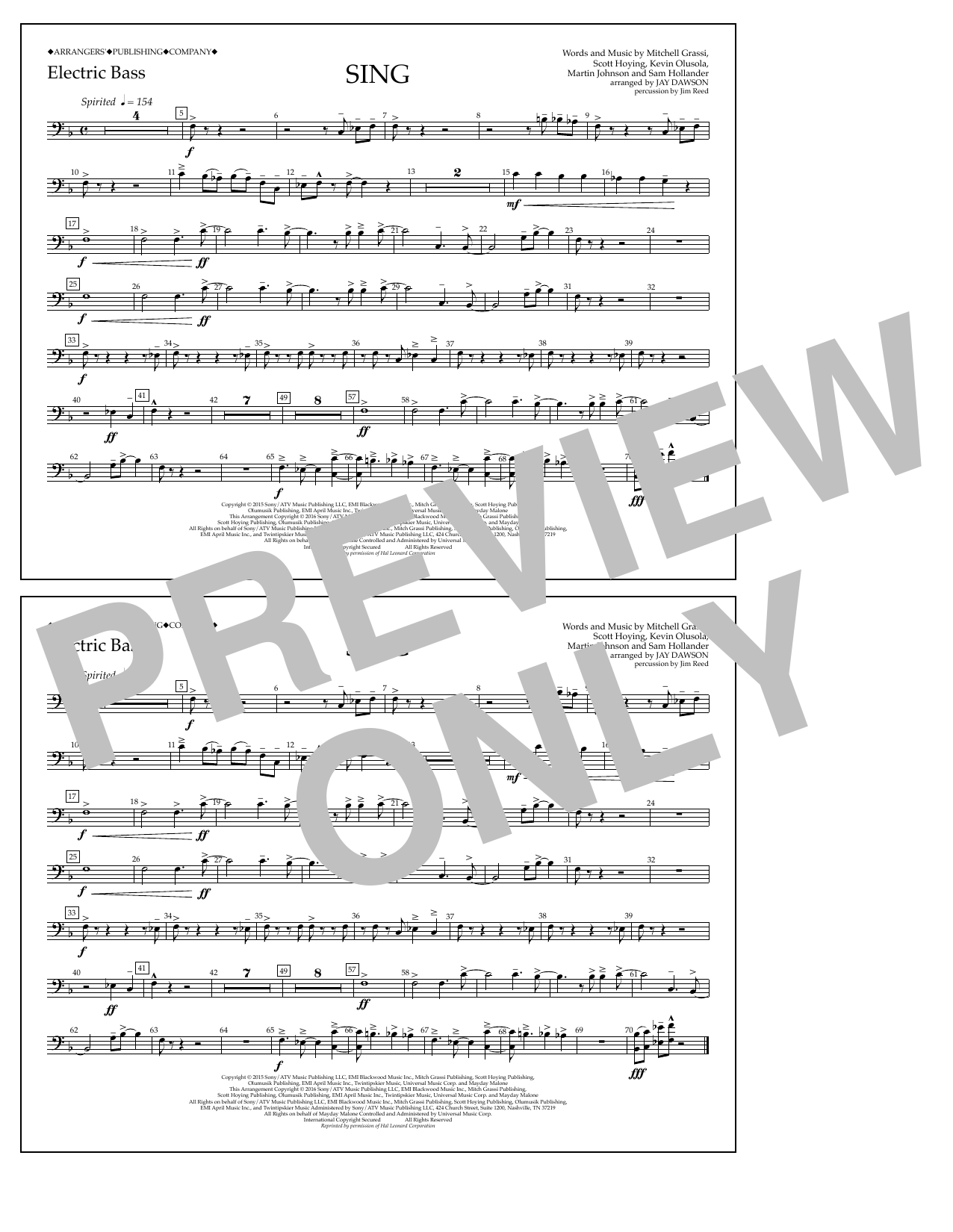 Jay Dawson Sing - Electric Bass Sheet Music Notes & Chords for Marching Band - Download or Print PDF