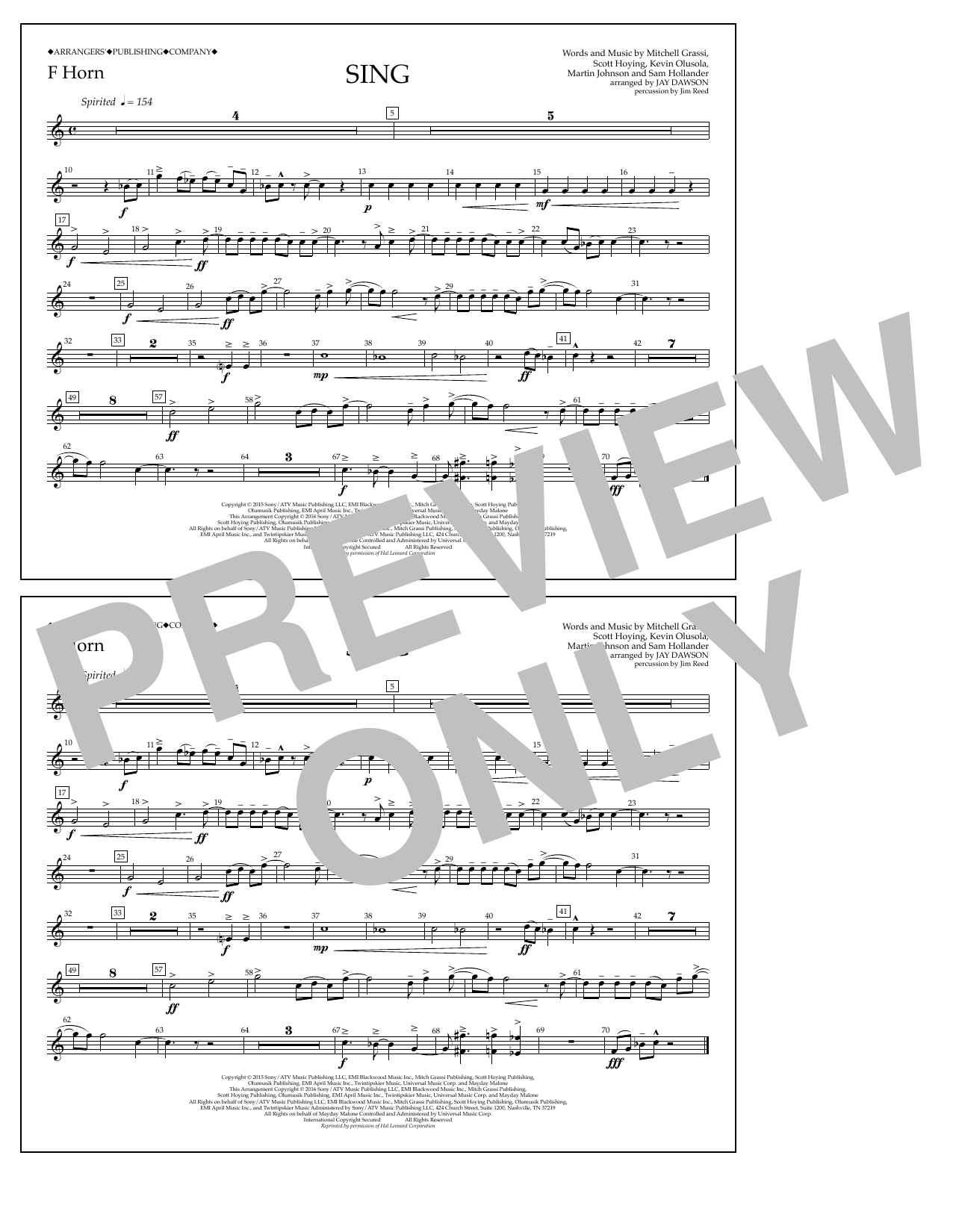 Jay Dawson Sing - F Horn Sheet Music Notes & Chords for Marching Band - Download or Print PDF