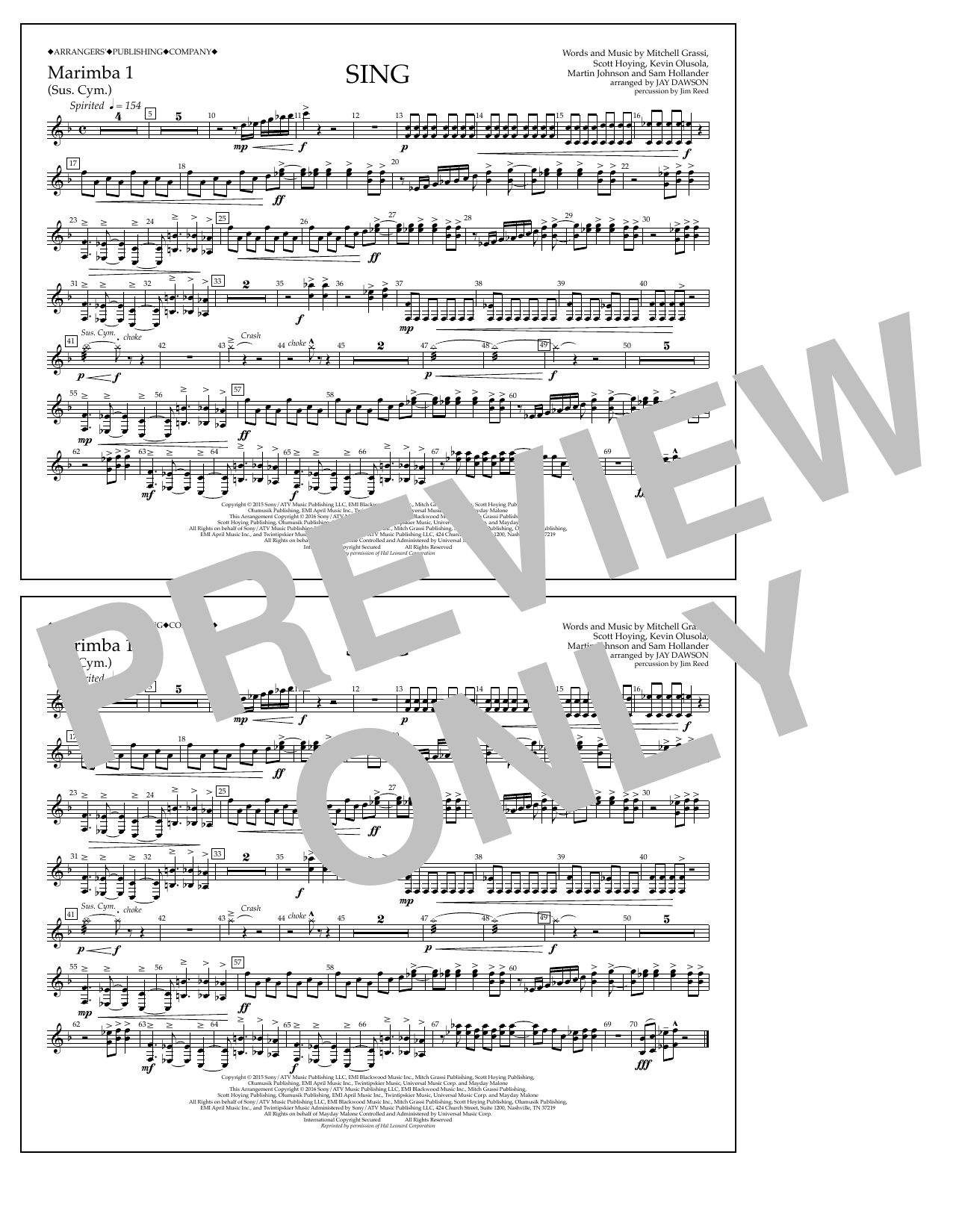 Jay Dawson Sing - Marimba 1 Sheet Music Notes & Chords for Marching Band - Download or Print PDF