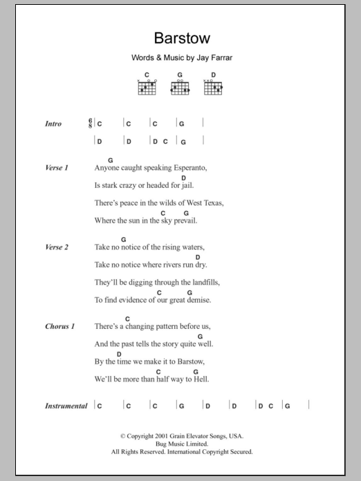 Jay Farrar Barstow Sheet Music Notes & Chords for Lyrics & Chords - Download or Print PDF