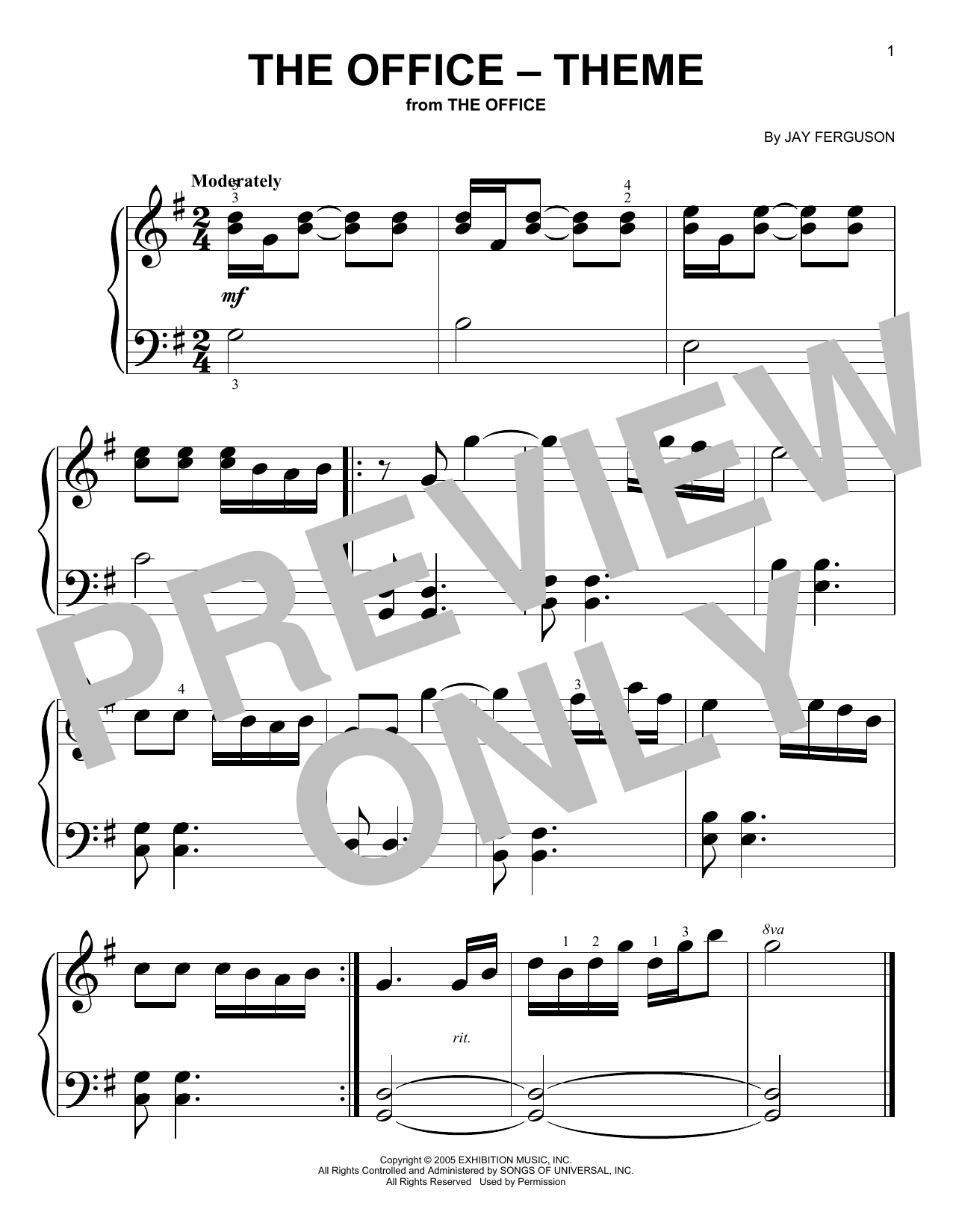 Jay Ferguson The Office - Theme Sheet Music Notes & Chords for Very Easy Piano - Download or Print PDF