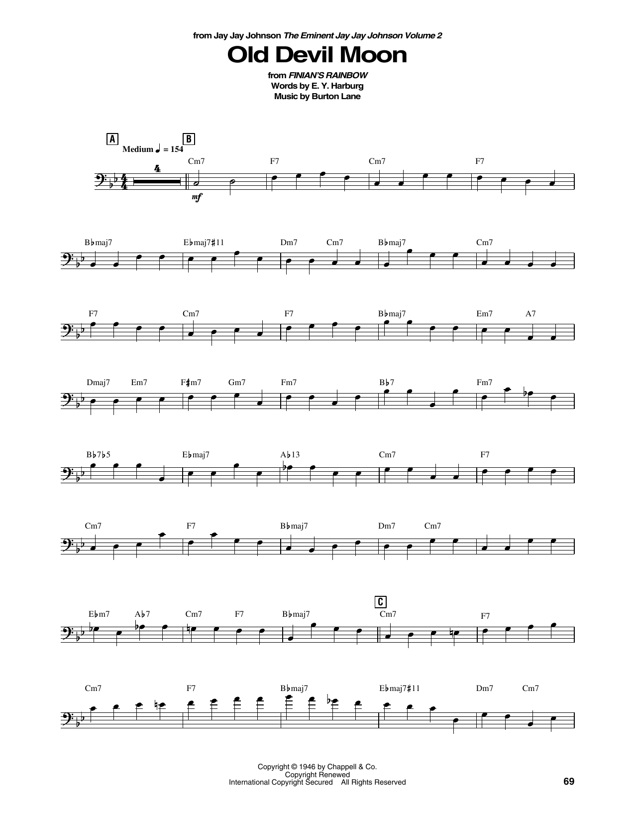 Jay Jay Johnson Old Devil Moon Sheet Music Notes & Chords for String Bass Transcription - Download or Print PDF