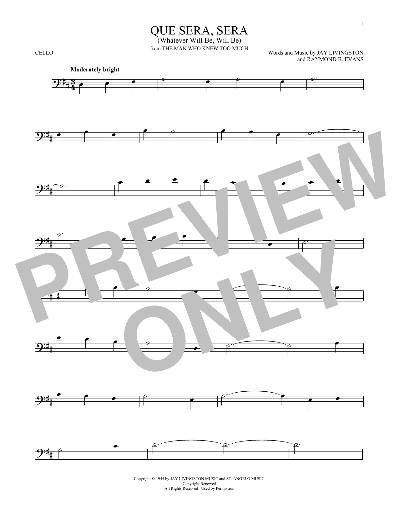 Jay Livingston & Ray Evans Que Sera, Sera (Whatever Will Be, Will Be) Sheet Music Notes & Chords for Cello - Download or Print PDF