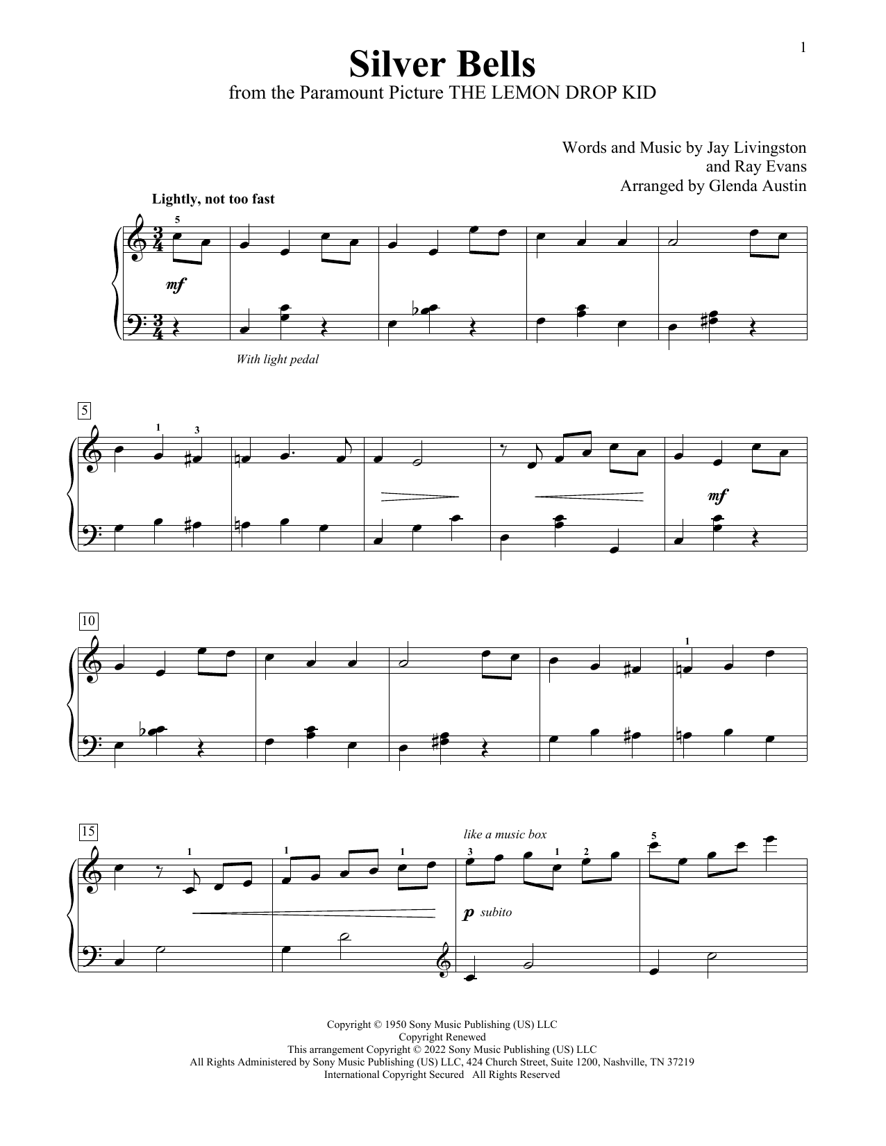 Jay Livingston & Ray Evans Silver Bells (arr. Glenda Austin) Sheet Music Notes & Chords for Educational Piano - Download or Print PDF