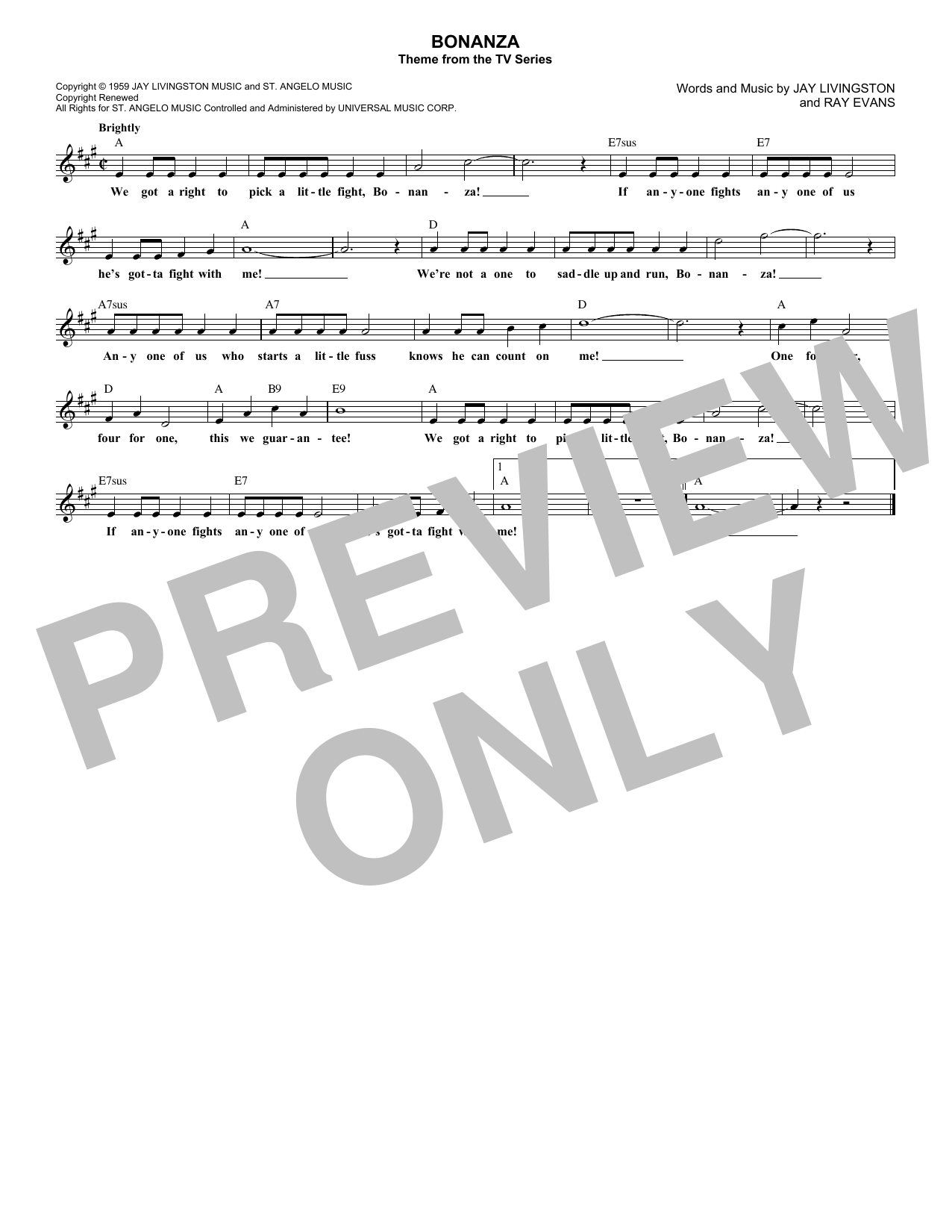 Jay Livingston Bonanza Sheet Music Notes & Chords for Lead Sheet / Fake Book - Download or Print PDF