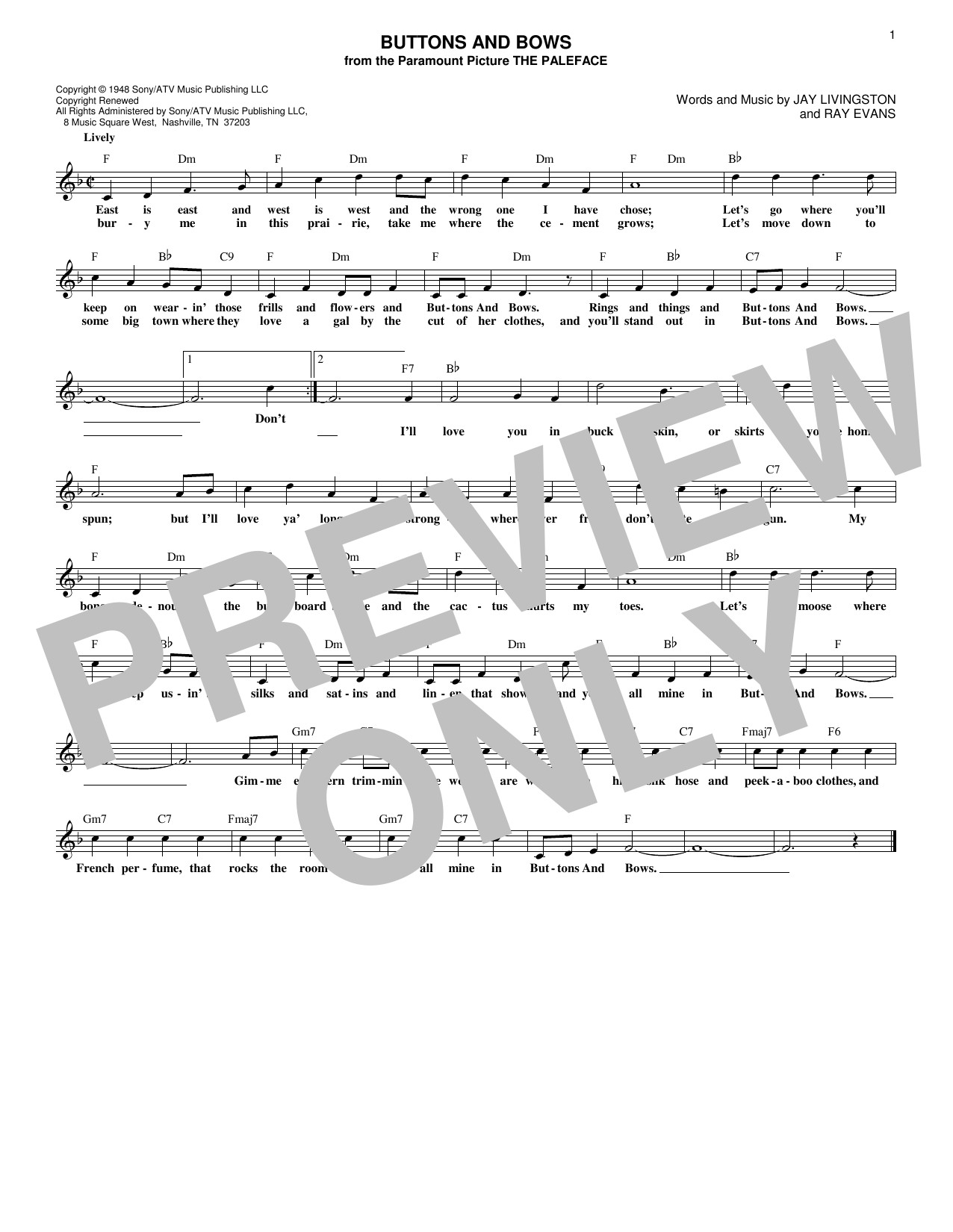 Jay Livingston Buttons And Bows Sheet Music Notes & Chords for Lead Sheet / Fake Book - Download or Print PDF