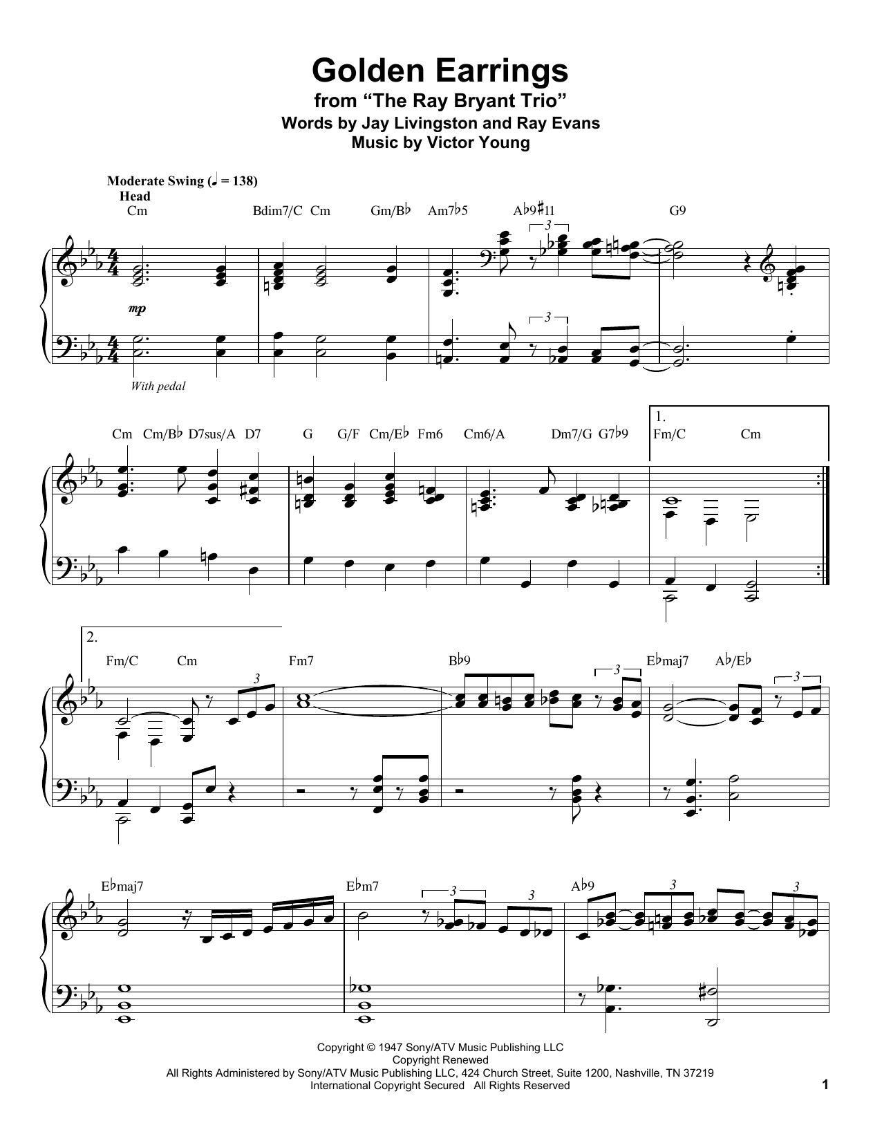 Jay Livingston Golden Earrings Sheet Music Notes & Chords for Piano Transcription - Download or Print PDF