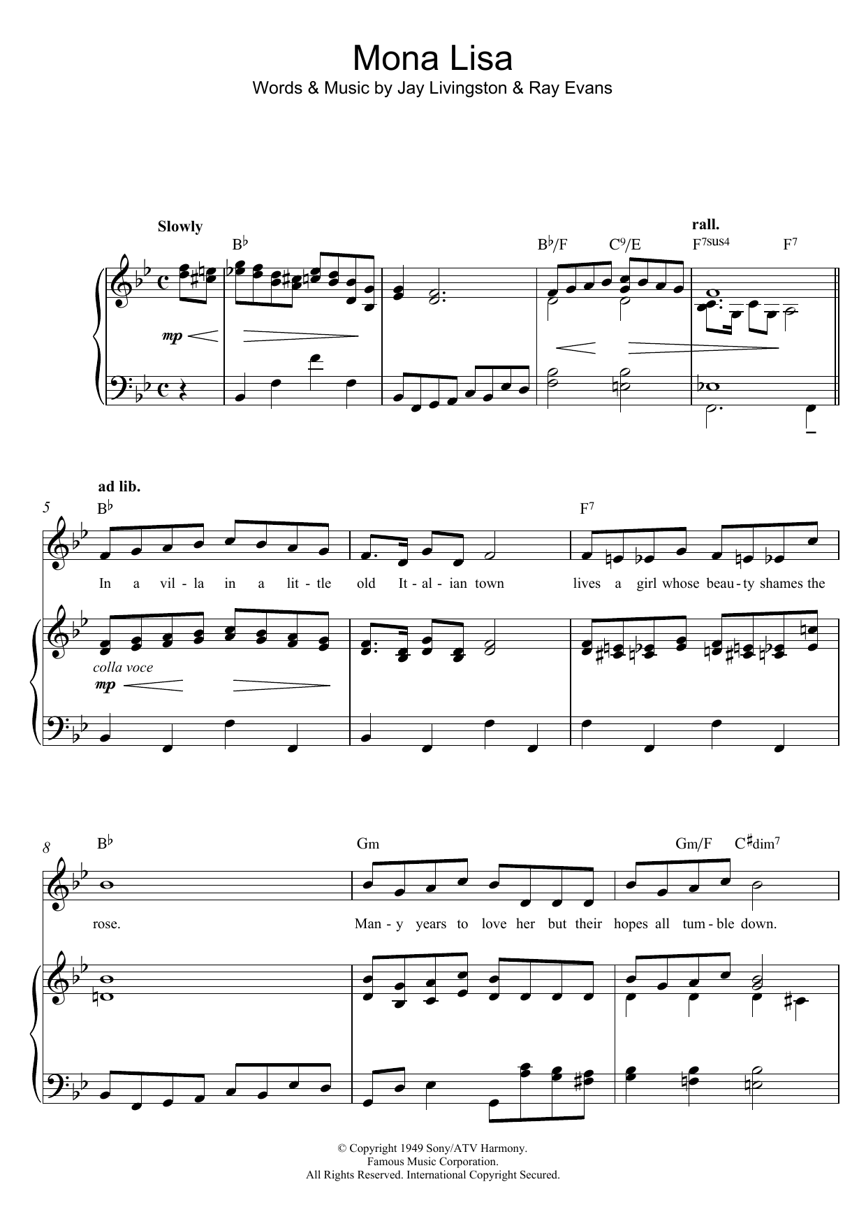 Jay Livingston Mona Lisa Sheet Music Notes & Chords for Piano, Vocal & Guitar (Right-Hand Melody) - Download or Print PDF