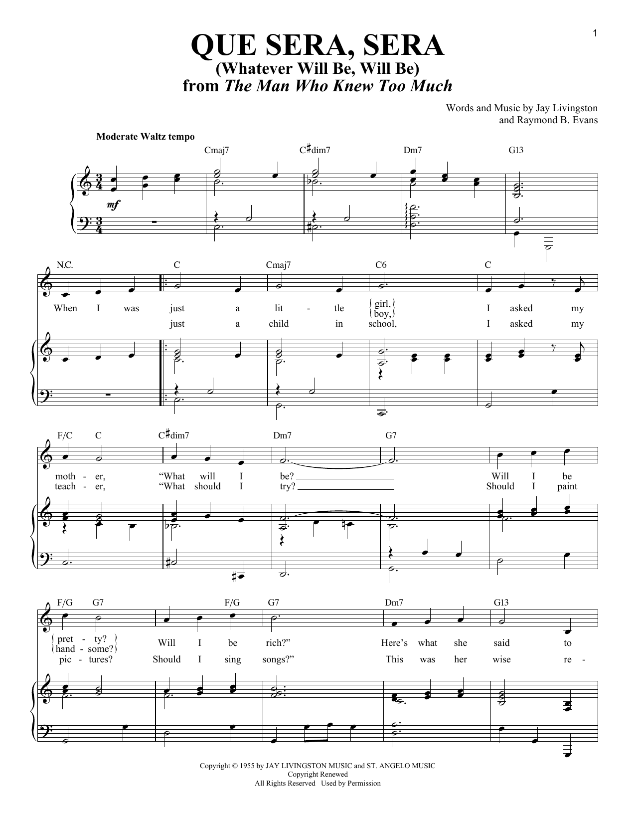 Jay Livingston Que Sera, Sera (Whatever Will Be, Will Be) Sheet Music Notes & Chords for Piano & Vocal - Download or Print PDF