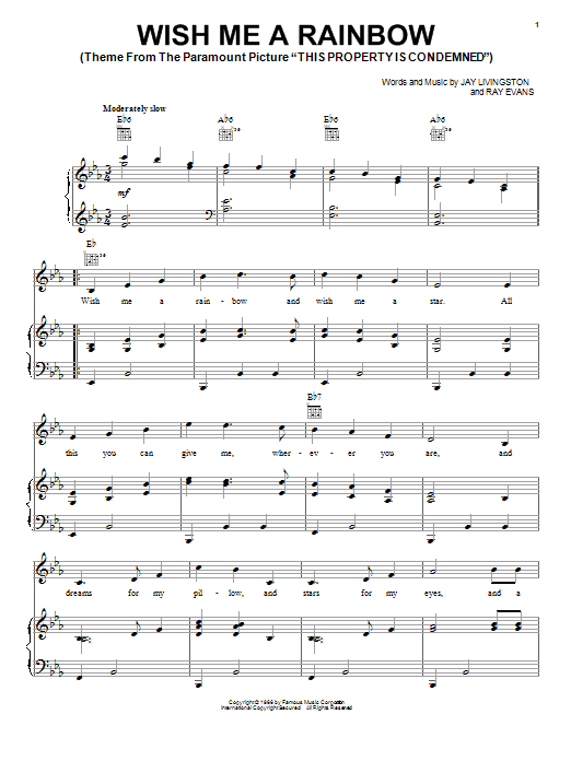 Jay Livingston Wish Me A Rainbow Sheet Music Notes & Chords for Piano - Download or Print PDF