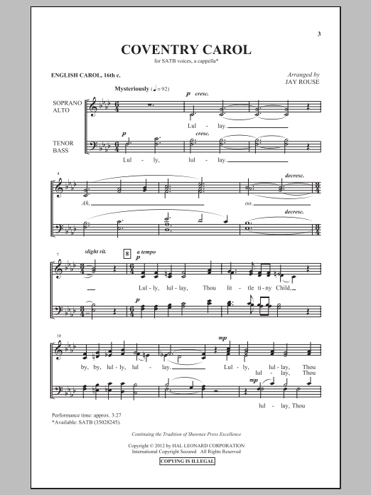 Jay Rouse Coventry Carol Sheet Music Notes & Chords for SATB - Download or Print PDF