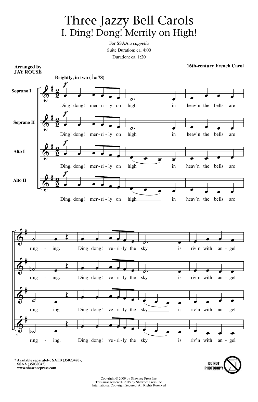 Jay Rouse Three Jazzy Bell Carols Sheet Music Notes & Chords for SSA - Download or Print PDF