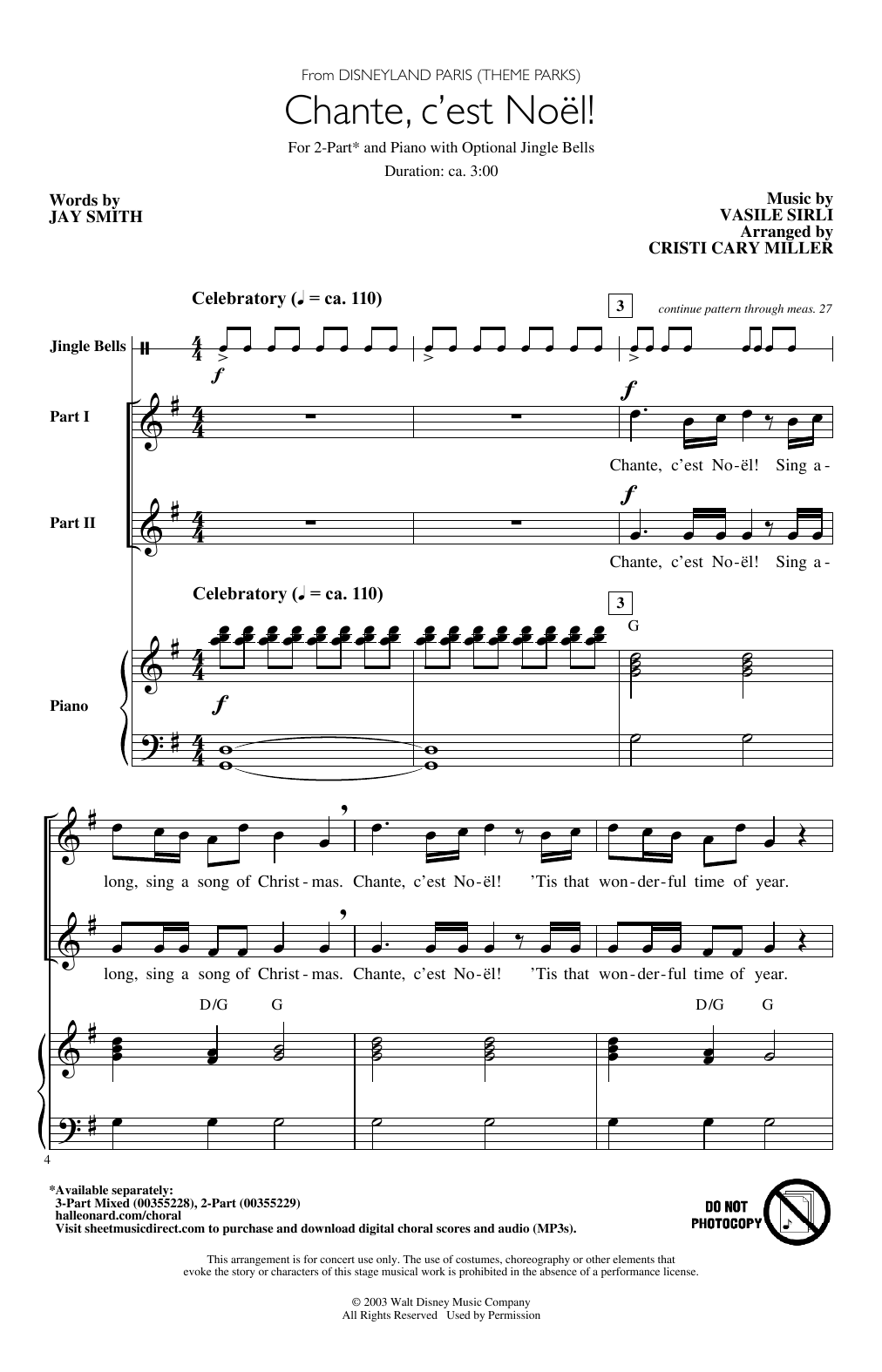 Jay Smith & Vasile Sirli Chante, C'est Noël! (from Disneyland Paris - Theme Parks) (arr. Cristi Cary Miller) Sheet Music Notes & Chords for 3-Part Mixed Choir - Download or Print PDF