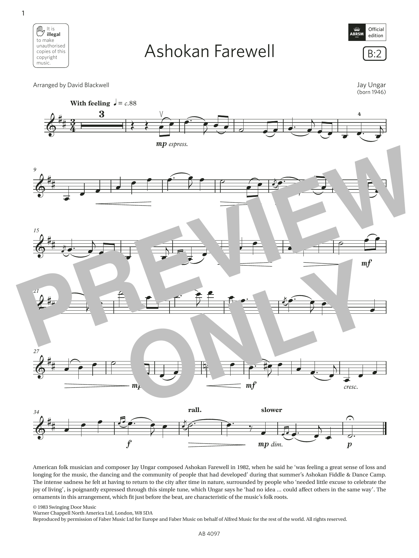 Jay Ungar Ashokan Farewell (Grade 3, B2, from the ABRSM Violin Syllabus from 2024) Sheet Music Notes & Chords for Violin Solo - Download or Print PDF