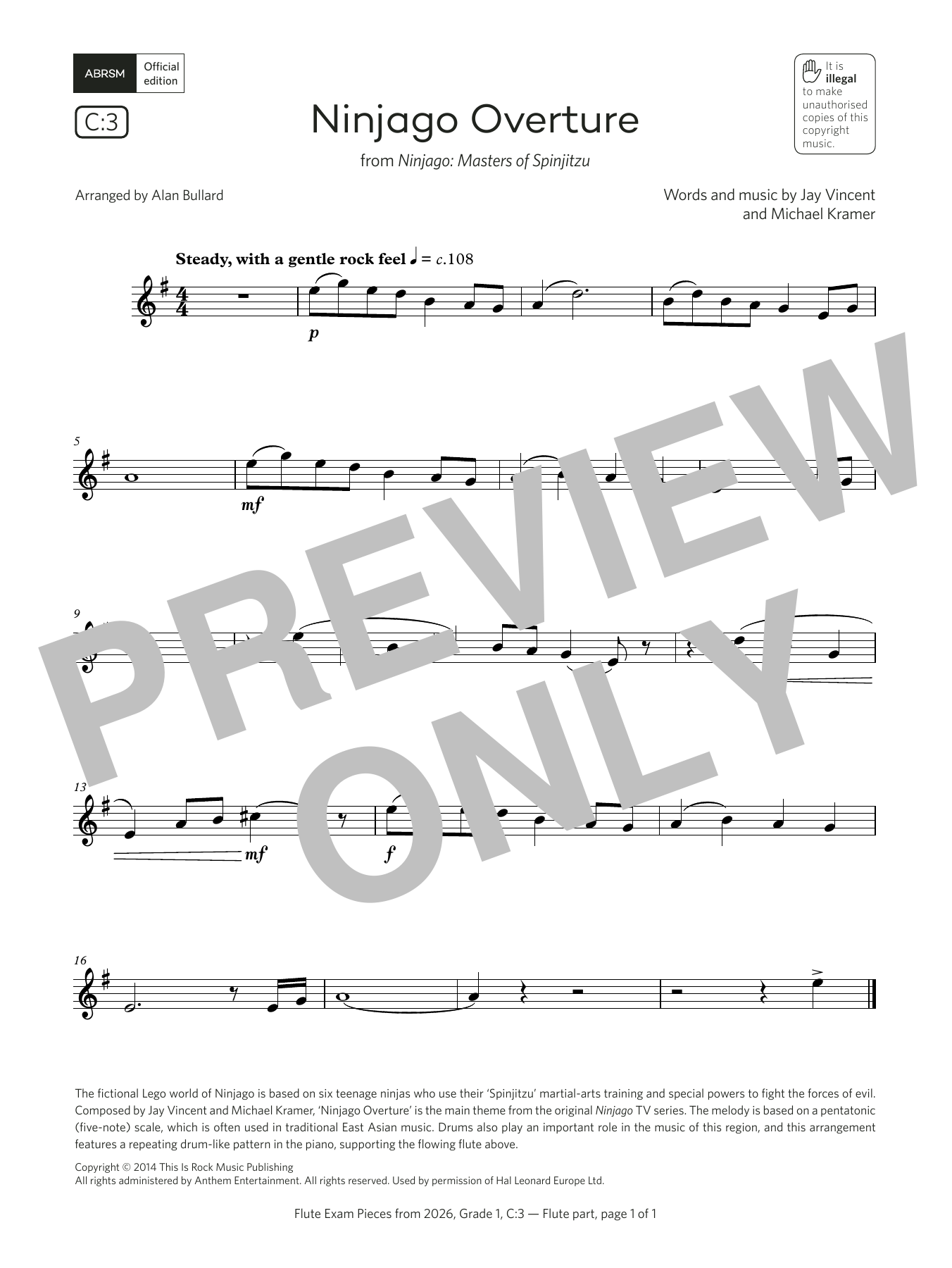 Jay Vincent Ninjago Overture (Grade 1, list C3, from the ABRSM Flute Syllabus from 2026) Sheet Music Notes & Chords for Flute Solo - Download or Print PDF Jay Vincent Ninjago Overture (Grade 1, list C3, from the ABRSM Flute Syllabus from 2026) Sheet Music Notes & Chords for Flute Solo - Download or Print PDF
