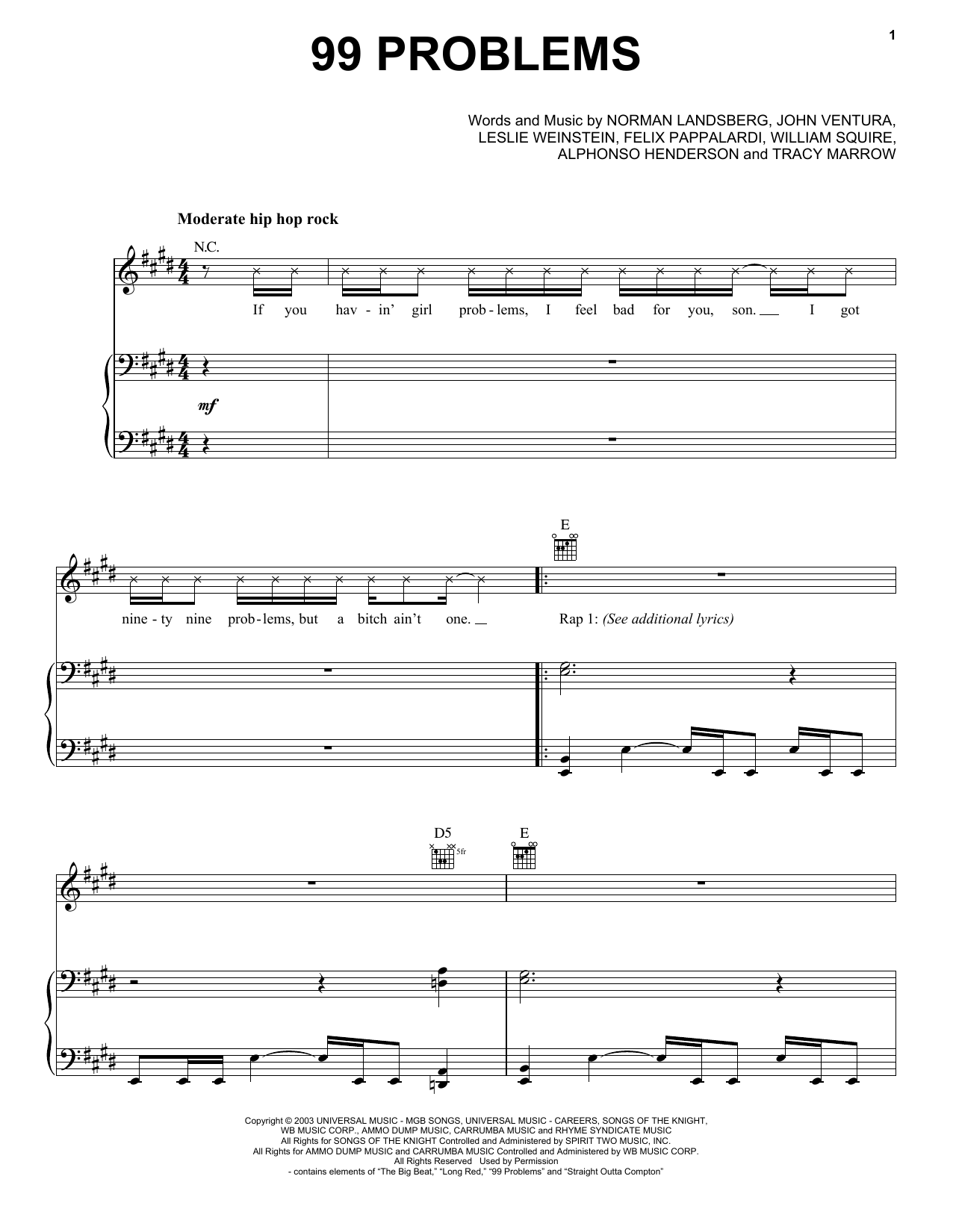 Jay-Z 99 Problems Sheet Music Notes & Chords for Piano, Vocal & Guitar (Right-Hand Melody) - Download or Print PDF