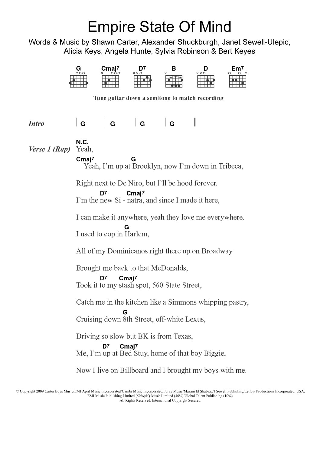 Jay-Z Empire State Of Mind (featuring Alicia Keys) Sheet Music Notes & Chords for Guitar Chords/Lyrics - Download or Print PDF