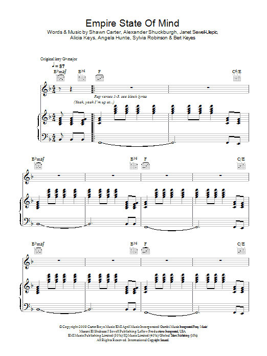 Jay-Z featuring Alicia Keys Empire State Of Mind Sheet Music Notes & Chords for Piano, Vocal & Guitar (Right-Hand Melody) - Download or Print PDF