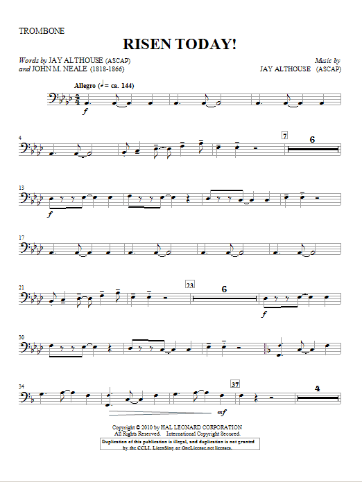 Preview Jay Althouse Risen Today! - Trombone Romantic sheet music, notes and chords for Choir Instrumental Pak, SKU: 296539 Risen Today! - Trombone sheet music