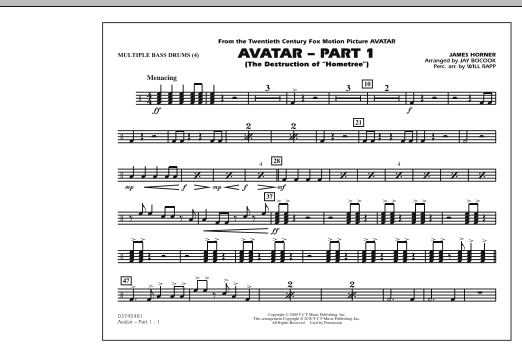 Preview Jay Bocook Avatar: Part 1 - Multiple Bass Drums Film/TV sheet music, notes and chords for Marching Band, SKU: 288559 Avatar: Part 1 - Multiple Bass Drums sheet music