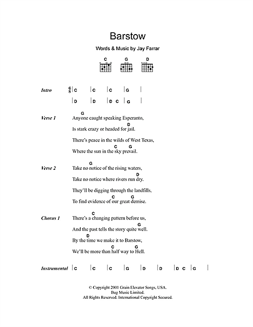 Jay Farrar Barstow Sheet Music Notes & Chords for Lyrics & Chords - Download or Print PDF