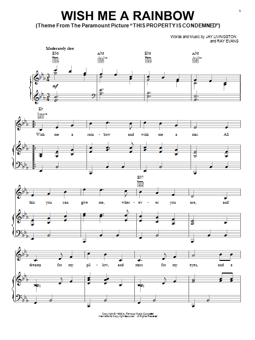 Preview Jay Livingston Wish Me A Rainbow Film and TV sheet music, notes and chords for Piano, Vocal & Guitar (Right-Hand Melody), SKU: 18347 Wish Me A Rainbow sheet music