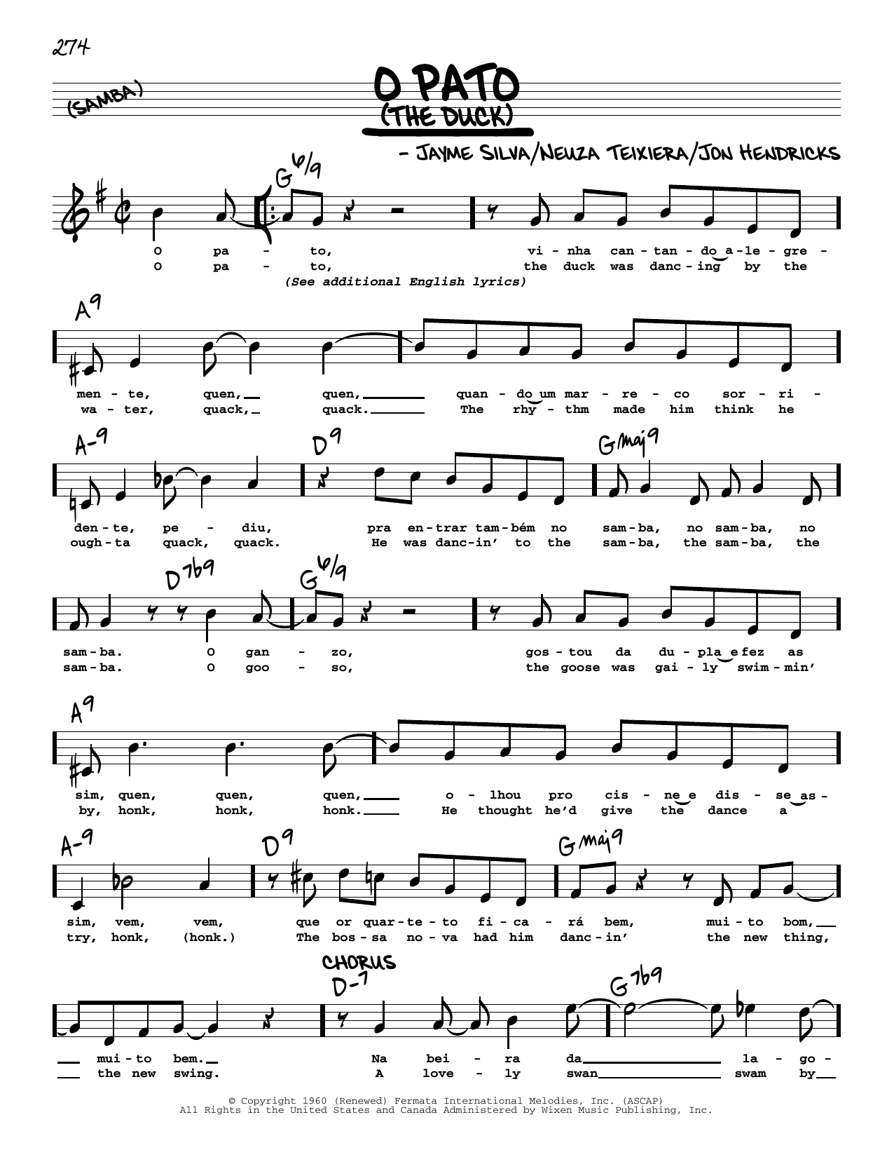 Jayme Silva O Pato (The Duck) (High Voice) Sheet Music Notes & Chords for Real Book – Melody, Lyrics & Chords - Download or Print PDF