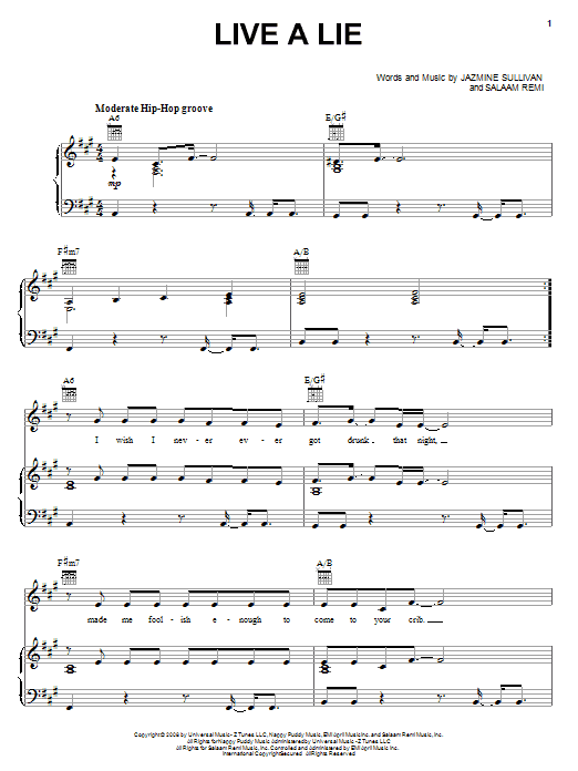 Jazmine Sullivan Live A Lie Sheet Music Notes & Chords for Piano, Vocal & Guitar (Right-Hand Melody) - Download or Print PDF