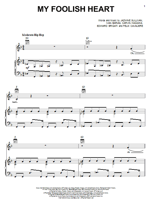 Jazmine Sullivan My Foolish Heart Sheet Music Notes & Chords for Piano, Vocal & Guitar (Right-Hand Melody) - Download or Print PDF