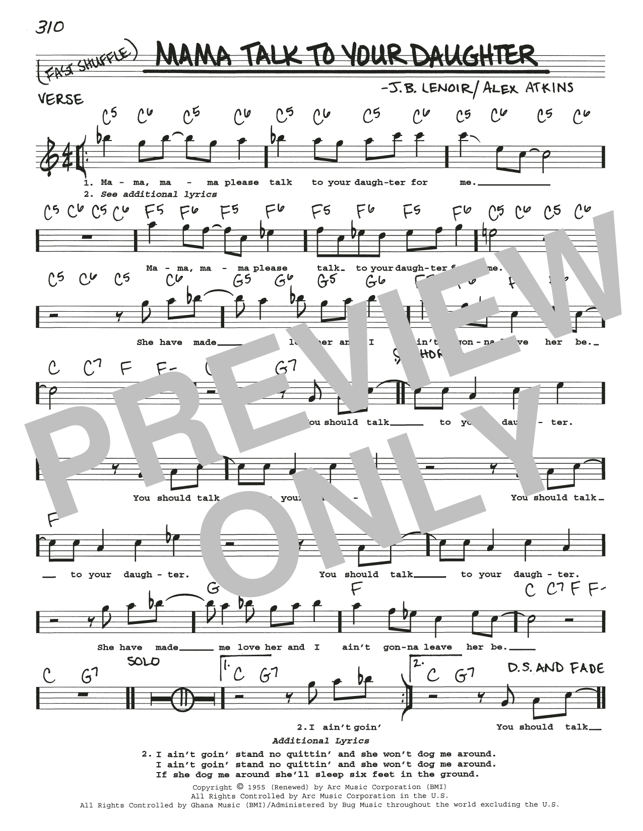 J.B. Lenoir Mama Talk To Your Daughter Sheet Music Notes & Chords for Real Book – Melody, Lyrics & Chords - Download or Print PDF