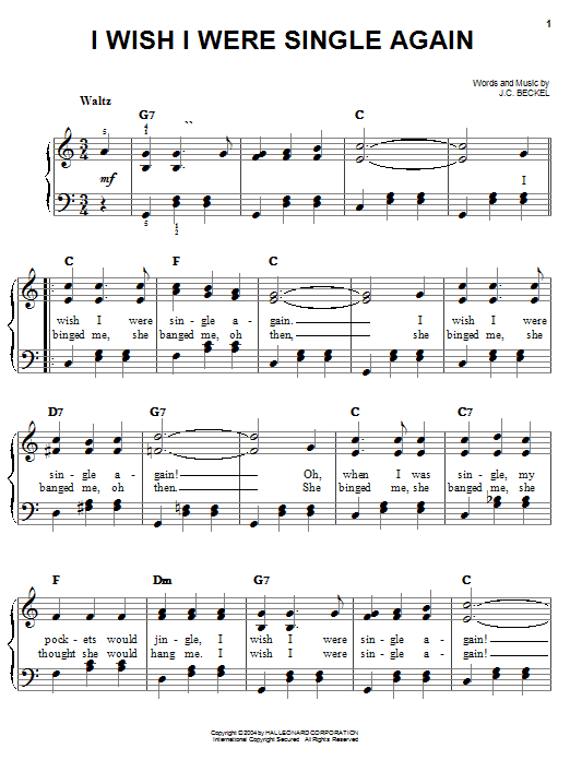 J.C. Beckel I Wish I Were Single Again Sheet Music Notes & Chords for Easy Piano - Download or Print PDF