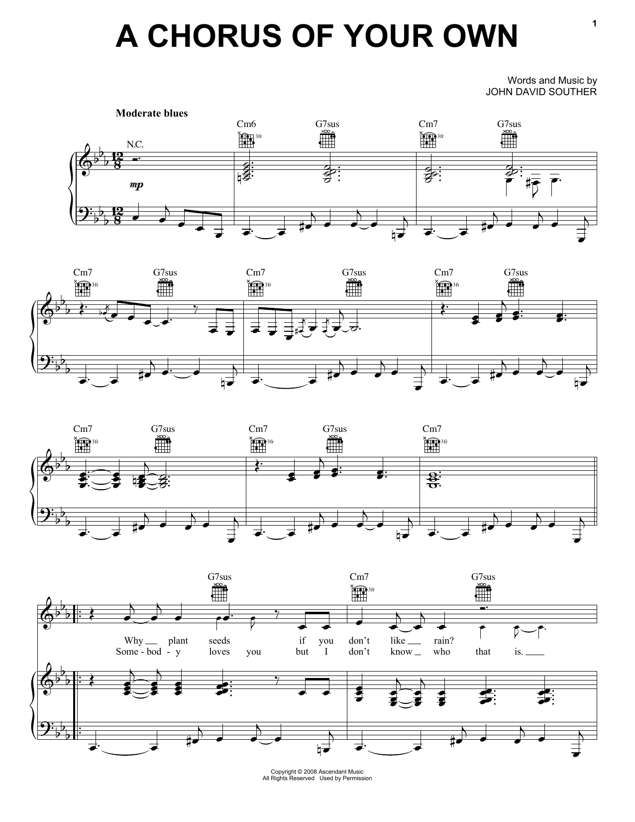 J.D. Souther A Chorus Of Your Own Sheet Music Notes & Chords for Piano, Vocal & Guitar (Right-Hand Melody) - Download or Print PDF