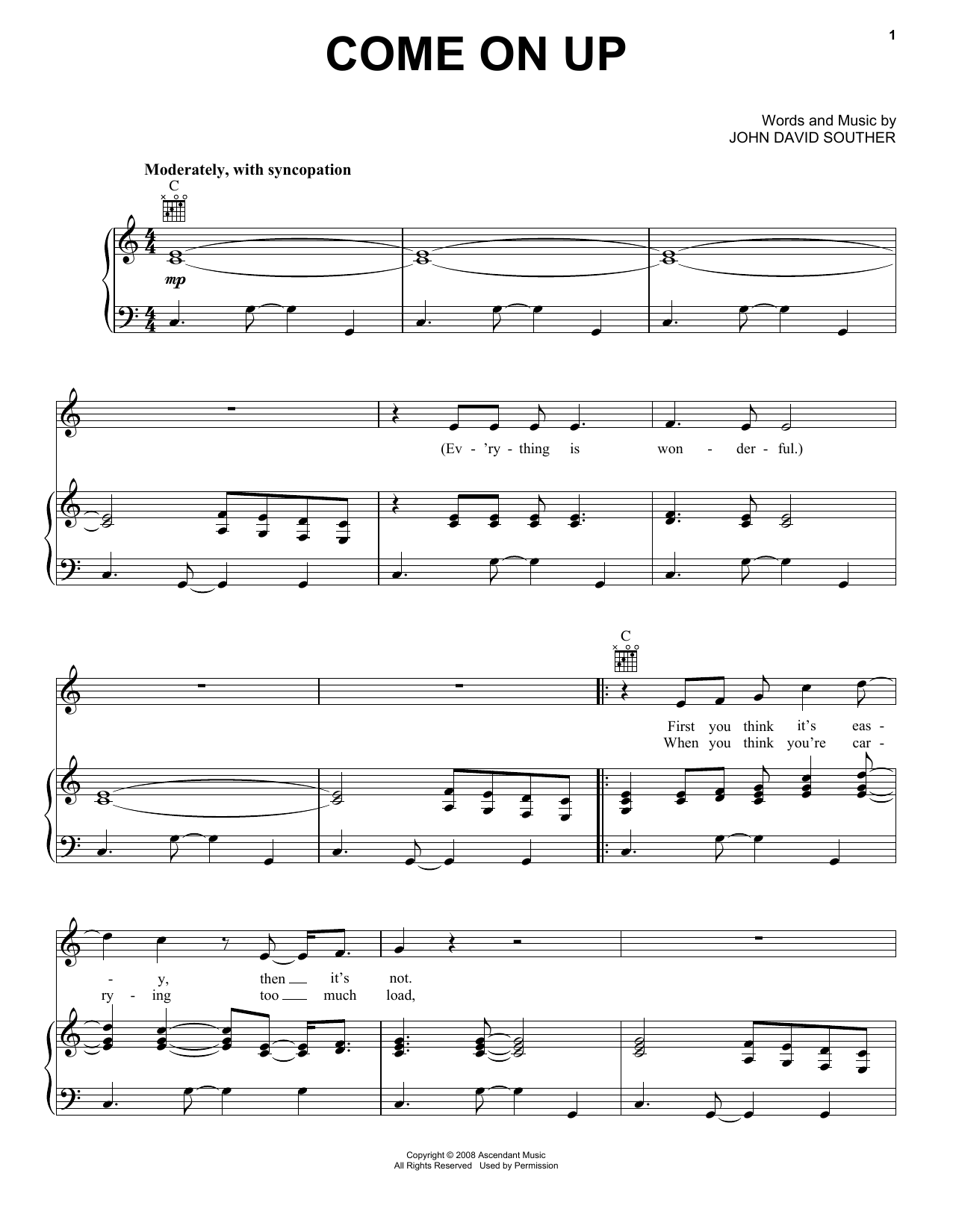 J.D. Souther Come On Up Sheet Music Notes & Chords for Piano, Vocal & Guitar (Right-Hand Melody) - Download or Print PDF