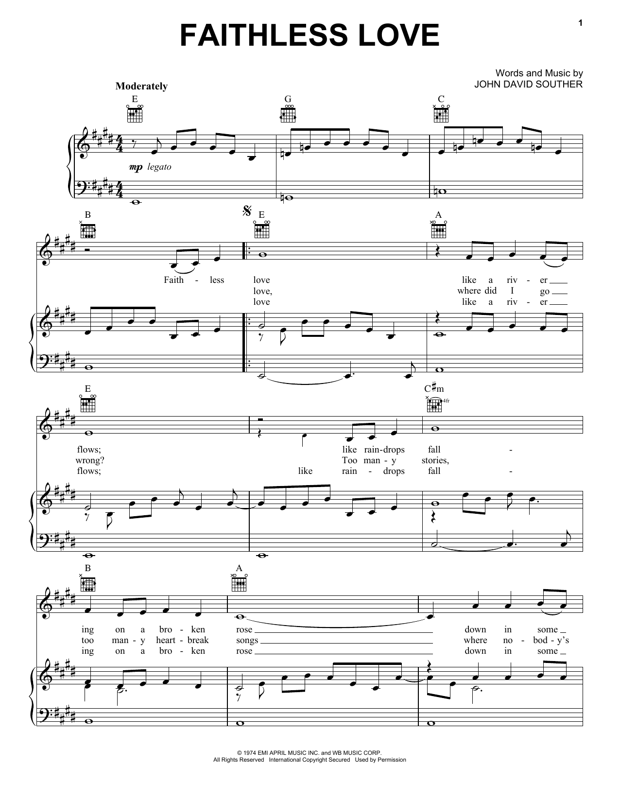 J.D. Souther Faithless Love Sheet Music Notes & Chords for Piano, Vocal & Guitar (Right-Hand Melody) - Download or Print PDF