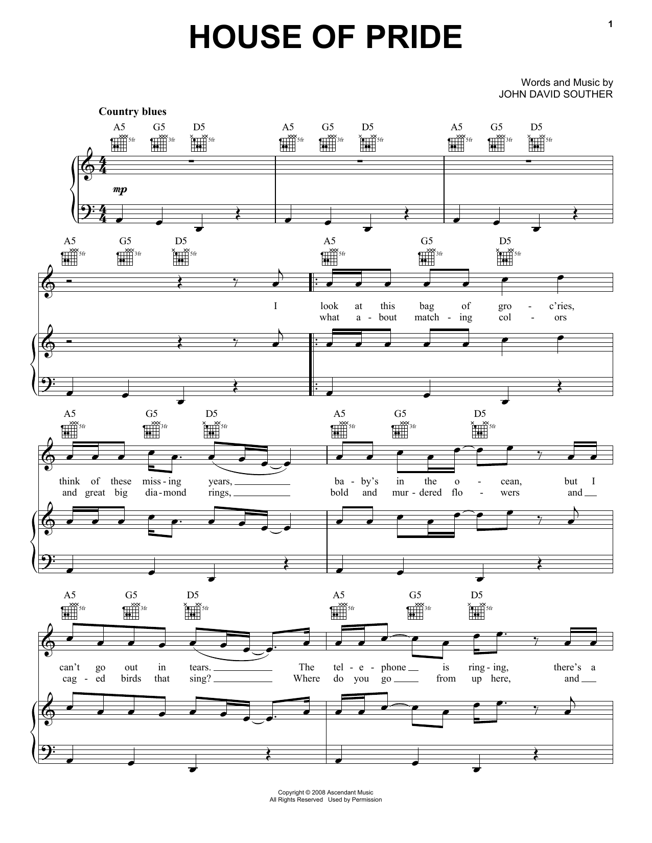J.D. Souther House Of Pride Sheet Music Notes & Chords for Piano, Vocal & Guitar (Right-Hand Melody) - Download or Print PDF