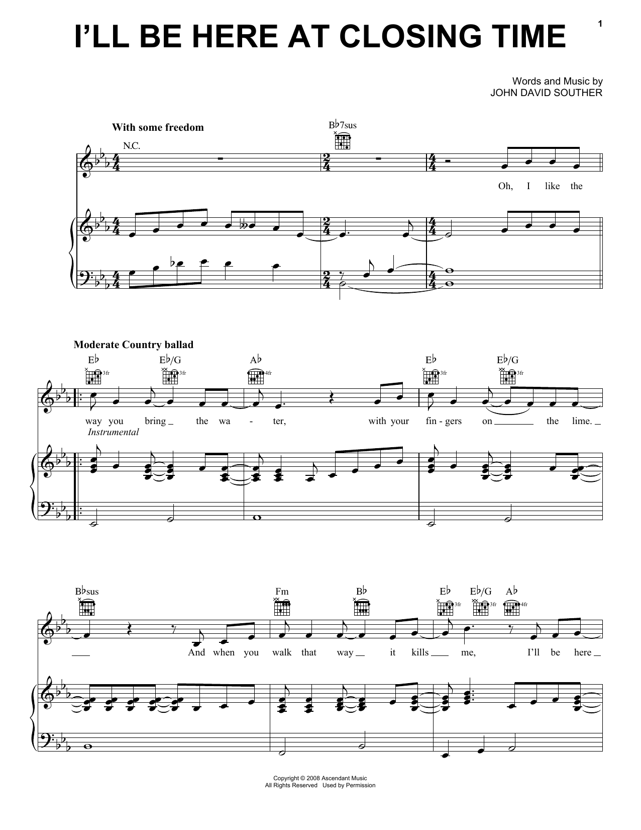 J.D. Souther I'll Be Here At Closing Time Sheet Music Notes & Chords for Piano, Vocal & Guitar (Right-Hand Melody) - Download or Print PDF