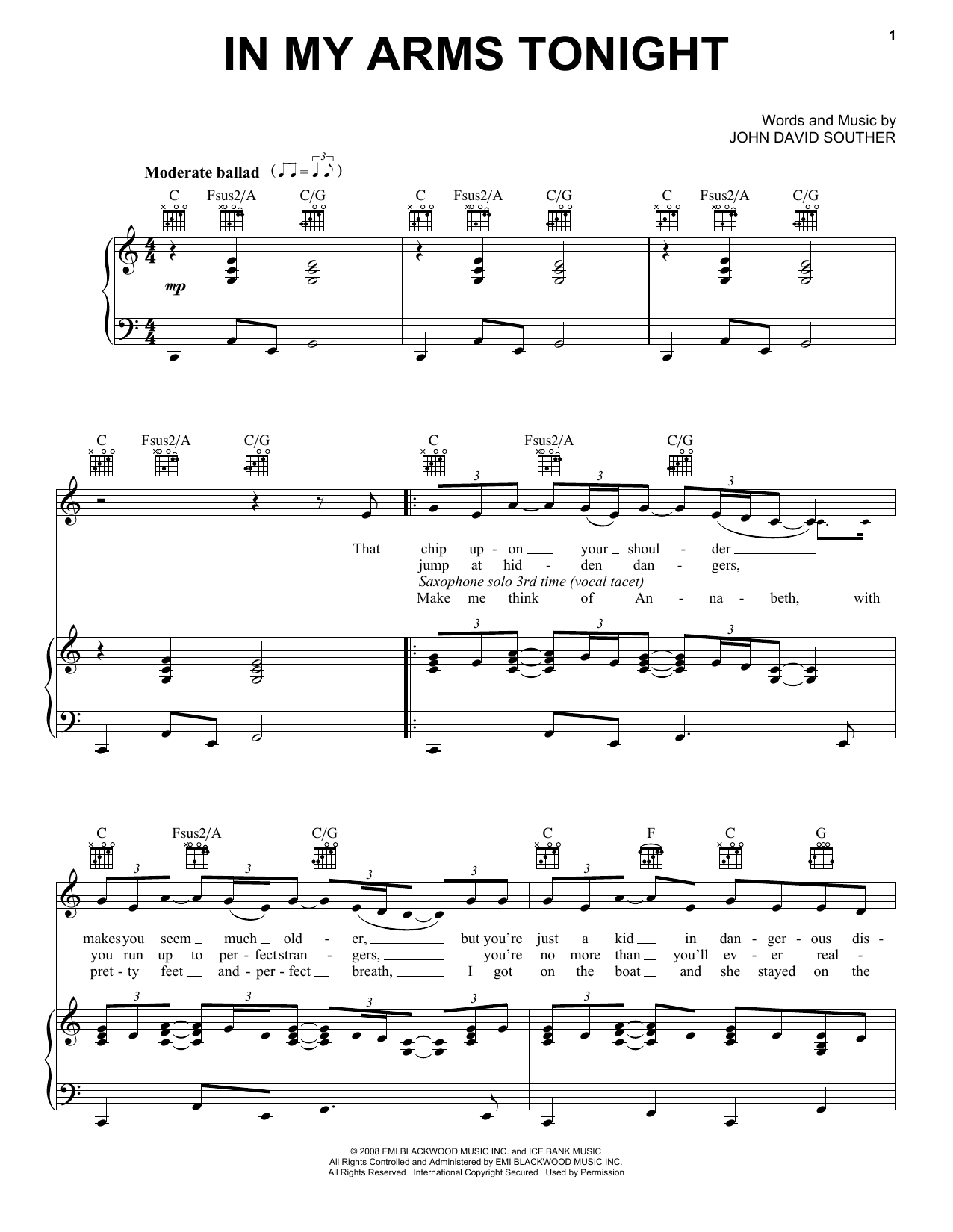 J.D. Souther In My Arms Tonight Sheet Music Notes & Chords for Piano, Vocal & Guitar (Right-Hand Melody) - Download or Print PDF