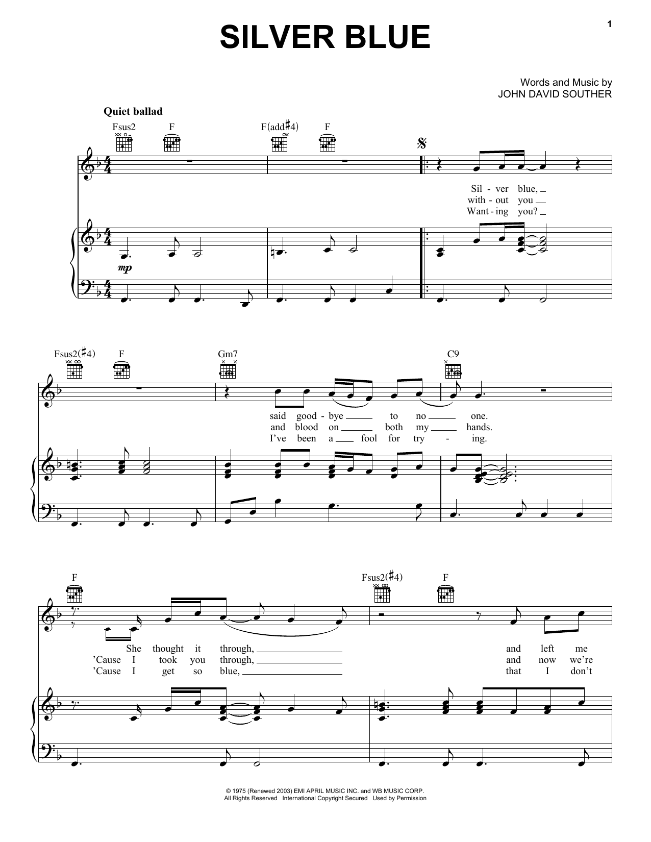 J.D. Souther Silver Blue Sheet Music Notes & Chords for Piano, Vocal & Guitar (Right-Hand Melody) - Download or Print PDF