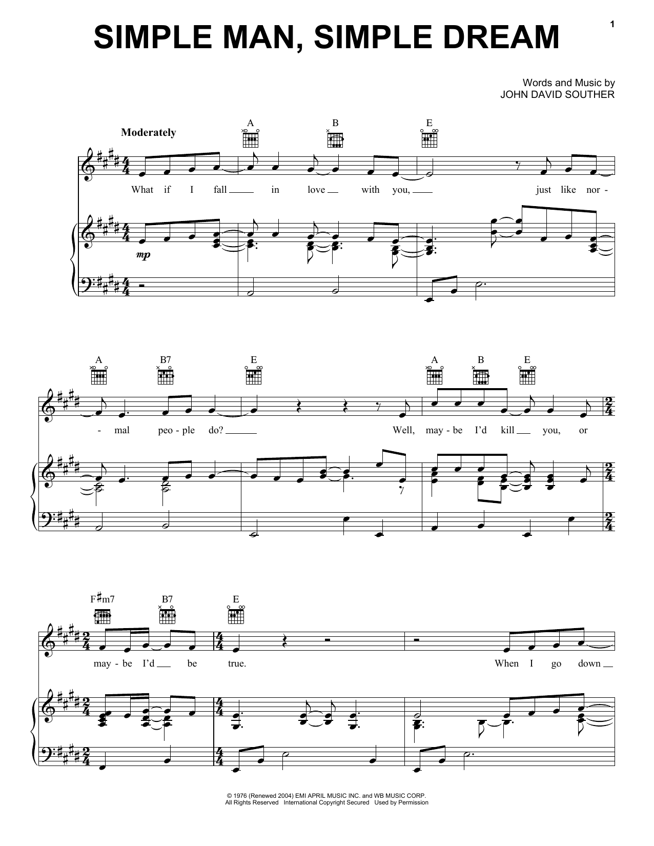 J.D. Souther Simple Man Simple Dream Sheet Music Notes & Chords for Piano, Vocal & Guitar (Right-Hand Melody) - Download or Print PDF