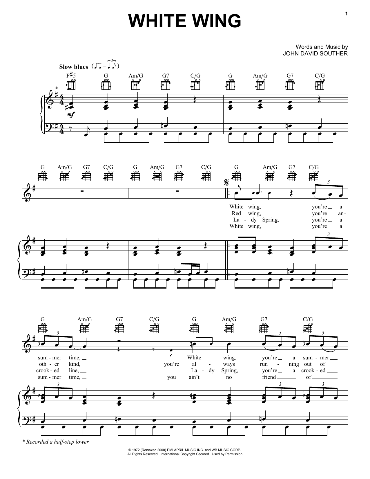 J.D. Souther White Wing Sheet Music Notes & Chords for Piano, Vocal & Guitar (Right-Hand Melody) - Download or Print PDF